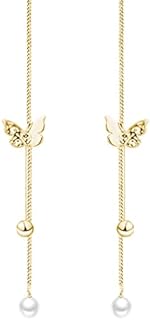 SLUYNZ Sterling Silver Cubic Zirconia Butterfly Threader Earrings with Push-Back Mechanism and Pearl Dangle Chain for Women and Teen Girls