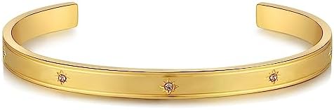 Women's 14K Gold Plated Adjustable Cuff Bracelet with Cubic Zirconia, Box Chain and Toggle Clasp - Stainless Steel Love Bangle Jewelry Gift