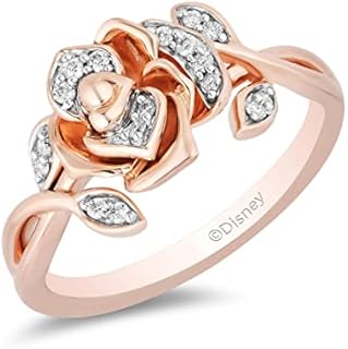 Enchanted Disney Belle Rose Wedding Ring, 14K Rose Gold Over Sterling Silver with 1/10 Cttw White Round Diamonds, for Elegant Women, Rose Shape Design