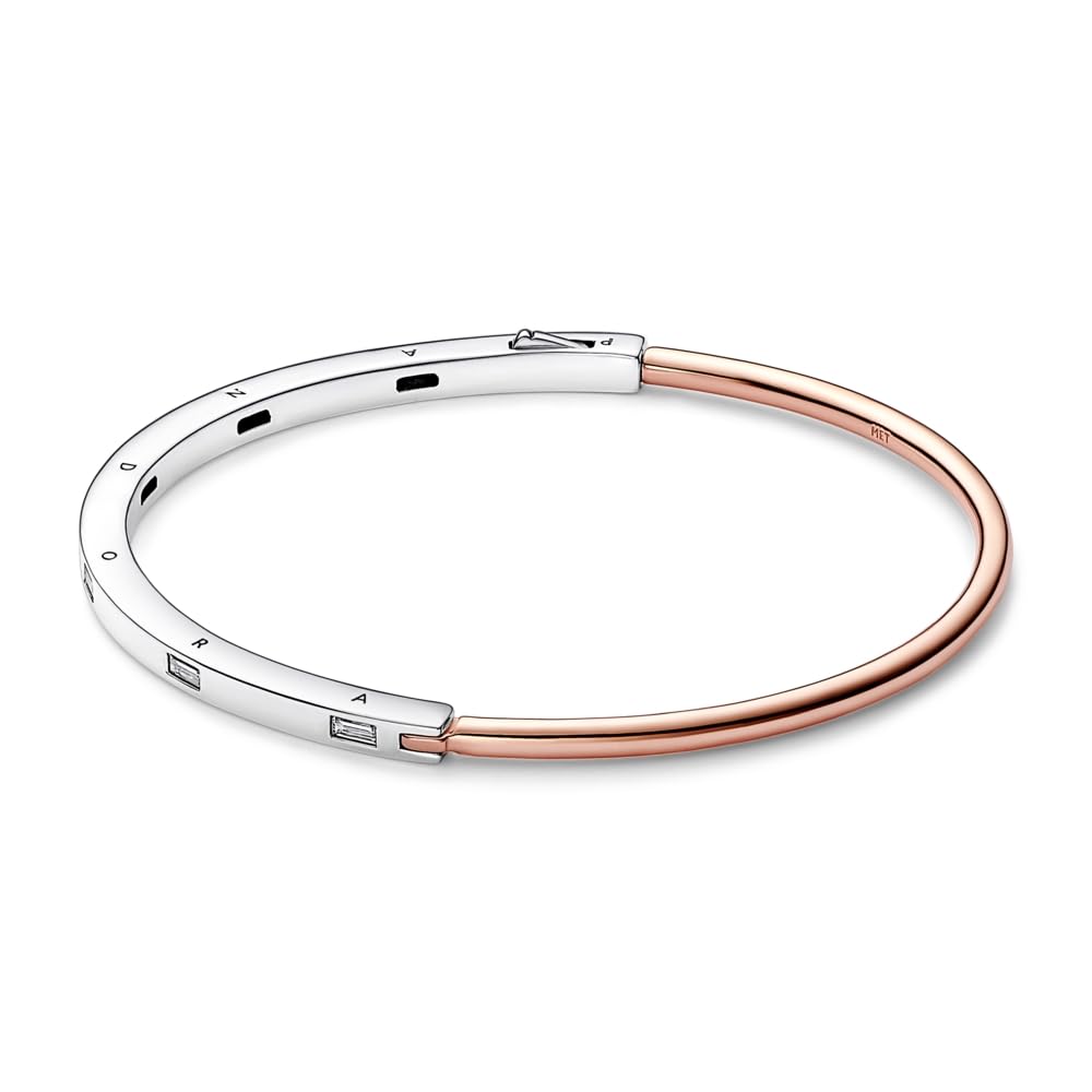 Pandora Two-Tone I-D Pavé Bangle - Sterling Silver & 14k Rose Gold-Plated Bracelet for Women - Features Rose Gold, Sterling Silver & Cubic Zirconia - Gift for Her - With Gift Box