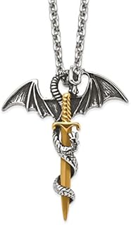 Chisel Dragon Sword Pendant Necklace - 24" Stainless Steel Cable Chain - Polished Yellow IP Plated - 3mm width - Unique Design for Women