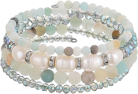 PEARL&CLUB Bead Crystal Wrap Bangle Bracelet - Fashion Jewelry Beaded Bracelet with Silver Metal, Gifts for Women