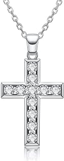 AnuClub Women's Cross Pendant Necklace with 2.26cttw Round Cut D color Moissanite in 14K White Gold plated 925 Sterling Silver with Classic Cable Chain