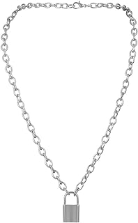 7th Moon Lock Pendant Necklace Statement Long Chain Punk Multilayer Choker Necklace for Women Girls (Silver)