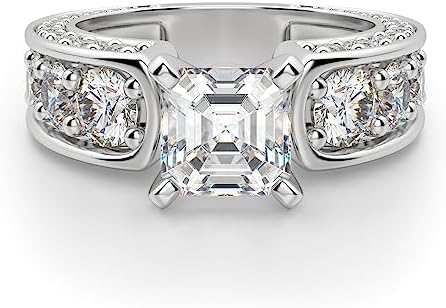 Riya Gems 10 CT Asscher Cut Solitaire Moissanite Engagement Rings, VVS1 4 Prong Irene Knife-Edge Silver Wedding Ring, Woman Gift, Promise Gift