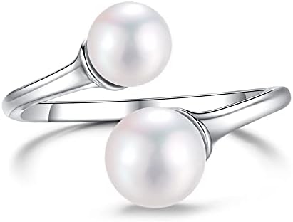 Stackable Double Pearl Ring in White Gold Plated Sterling Silver for Women - Adjustable Round Genuine Freshwater Cultured Pearl Birthstone Ring