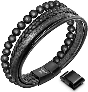 Speroto New Mens Bracelet Bead and Leather Braided, Lava and Onyx Bead Leather Bracelet for Men