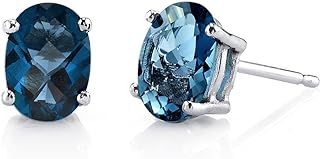 Peora 14K White Gold London Blue Topaz Earrings for Women, Natural Gemstone Classic Solitaire Studs, 7x5mm Oval Shape, 2 Carats total, Friction Back