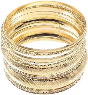 Bohemica Stackable Gold Bangle Bracelets Set for Women with Bead Chain, Buckle Clasp - No Gemstone - Engraved Pearl Bead Design, Alloy Metal
