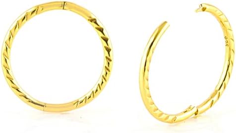 24K Gold Plated On 925 Sterling Silver Solid Seamless Diamond Cut Twist Sleeper Hoop Earrings Small Hinged Thin Handmade 8mm 10mm 12mm 14mm For Women Men Girls