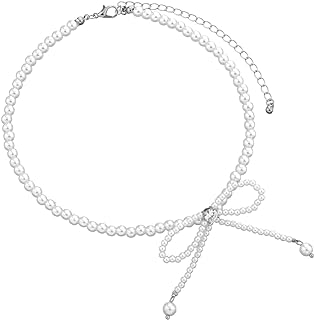 Dcfywl731 Pearl Bow Choker Necklace Gold Silver Vintage White Pearl Beaded Necklace Rhinestone Bow Butterfly Pendant Necklace Jewellery for Women