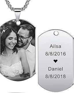 MeMeDIY Collier Personnalisé avec Pendentif Dog Tag Gravé Photo Noir et Blanc sur Acier Inoxydable 50mm, Hypoallergénique pour Peaux Sensibles, Cadeau Idéal pour Hommes et Femmes