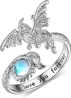 Sterling Silver Dragon Belly Ring with Moonstone for Women, Adjustable Size, Unique Dragon Jewelry Gift