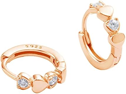 14K Rose Gold Double Love Heart Cubic Zirconia Small Hoop Earrings for Women Girls 925 Sterling Silver Cartilage Tiny Cute Huggie Hoops Hypoallergenic Nickel Free Jewelry Dainty Gifts
