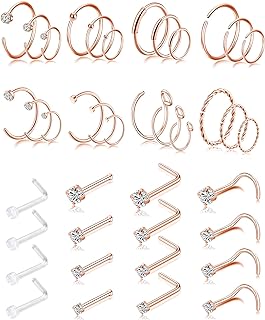 Tornito 20G 40Pcs Stainless Steel Nose Rings Nose Studs Set L-Shaped Bone Curved Nose Stud Piercing Helix Cartilage Tragus Hoop Rings Body Piercing Jewelry for Men and Women 6mm 8mm 10mm