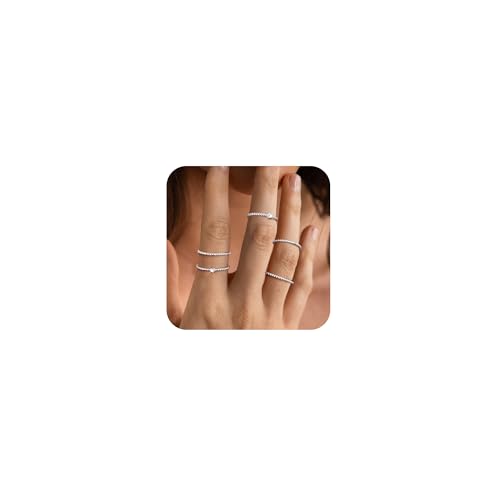 Sterling Silver Rings for Women, Dainty Stackable Silver Rings for Women Cute 925 Silver Rings for Teen Girls Thin Beaded Eternity Bands Wedding Rings Band Adjustable Ring Set Knuckle Bands for Women Size 5-10in