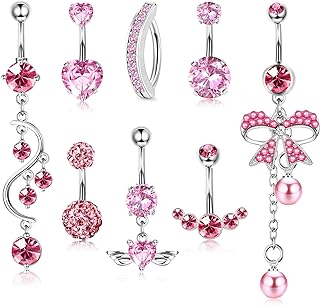 FIASASO 8 Pcs 14G Pink Belly Button Ring for Women 316L Surgical Steel Belly Ring Cute Pink CZ Dangle Belly Piercing Navel Rings Barbell Body Piercing Jewelry