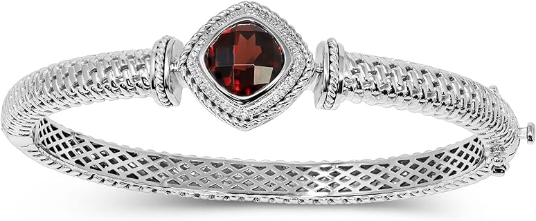 925 Sterling Silver 4-1/2Ct Genuine Garnet Cushion Diamond Bangle Bracelet, Vintage Inspire, 7in Length