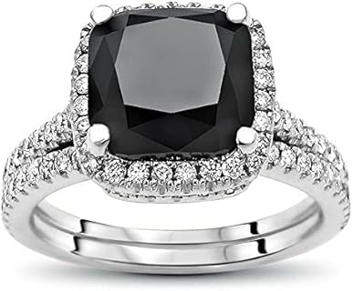 14k White Gold Plated 925 Sterling Silver 2.50 Ct Cushion Cut Black & White Diamond Halo Engagement Ring Wedding Band Set
