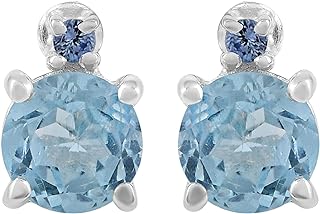 Natural Blue Topaz Sterling Silver Stud Earrings with Push Back Prong Settings - Indian Origin