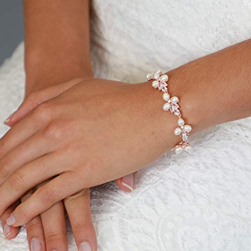 Freshwater Pearl Rose Gold Bridal Bracelet, 7 1/8" Plus 1/2" Extender, Wedding Jewelry for Women