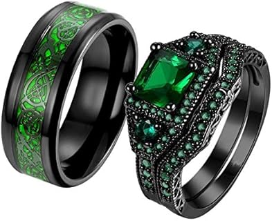ringheart 2 Rings His and Hers Rings Black Plated Couple Rings Princess cut 6mm Green Cz Womens Wedding Ring Sets Titanium Steel Mens Wedding Bands