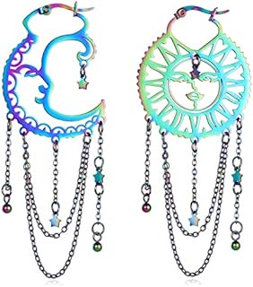 Stainless Steel Asymmetrical Sun and Moon Dangle Earrings with Double Chain and Bohemian Tassel for Women, Star and Rainbow Design