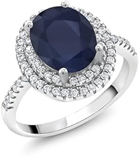 Gem Stone King 925 Sterling Silver Oval Blue Sapphire and White Moissanite Halo Engagement Ring For Women (2.63 Cttw, Gemstone Birthstone, Available In Size 5, 6, 7, 8, 9)