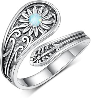 Opal Spoon Ring for Women 925 Sterling Silver Daisy/Heart Opal Open Adjustable Rings Oxidized Victorian Vintage Flower Thumb Rings for Grils