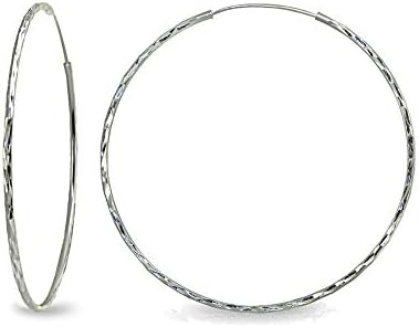 Sterling Silver, Diamond-Cut Round Hoop Earrings with Endless Back Finding Design, 50mm