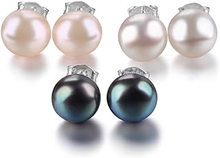 ZhenCai 3 Pairs Freshwater Pearl Stud Earrings for Women Girls Solid 925 Sterling Silver June Birthstone Studs Rhodium Plated Classic Style Fine Jewelry for Birthday Mother's Day