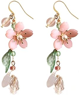 LAKIYOYO Pink Flower Dangle Earrings for Women Cute Pearl Leaf Sakura Leaf Earrings Fairy Statement Summer Refreshing Seaside Idyllic Holiday Earrings…
