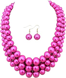 Women's Simulated Faux Three Multi-Strand Pearl Statement Necklace and Earrings Set