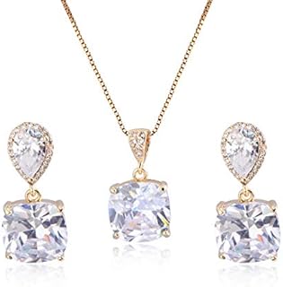 AMYJANE Women's Elegant Silver Jewelry Set - Teardrop Shaped Clear Cubic Zirconia Crystal Necklace & Earrings with Lobster Clasp, Perfect Gift for Bridesmaids