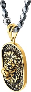 Gothic Style Hematite Bead Necklace with Stainless Steel Lion Head Shield Pendant for Men - Ball Chain Design