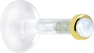 14k Yellow Gold Push-In Labret Nose Ring with Genuine Rainbow Moonstone for Sophisticated Style - Versatile Monroe or Tragus Piercings Design