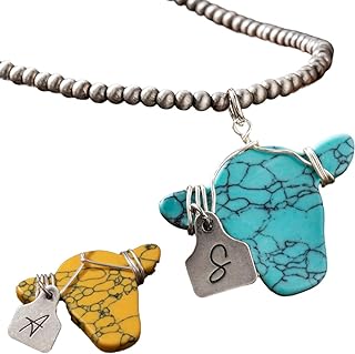Personalized Initial Cattle Necklace Turquoise Cow Necklace Custom Letter Cowgirl Necklace | Cow Head & Navajo Style Pearl Necklace Cow Tag Necklace Western Necklace Cow Pendant Cowboy Necklace