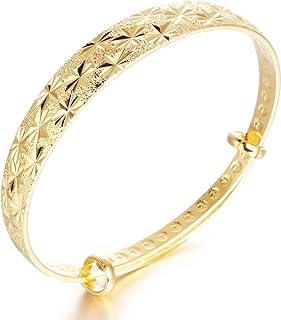 L & J 18K Yellow Gold Diamond Cut Classical Adjustable Bangle Bracelet for Women