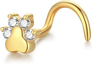 KoKollam 14K Gold Corkscrew Nose Ring 5mm Dog Cat Paw Moissanite Screw Nose Rings 20 Gauge Hypoallergenic Corkscrew Nose Studs Real Gold Nose Piercing Jewelry Gifts for Women Men
