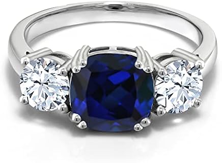 Stunning Blue Simulated Sapphire & White Zirconia Sterling Silver 3-Stone Engagement Ring for Women, Cushion Cut Design, Size 5-9 Available