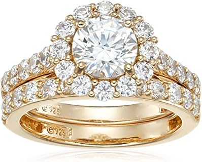 Amazon Collection Flower Halo Engagement Ring - Yellow Gold-Plated Sterling Silver with Cubic Zirconia, Infinite Design, Size 7