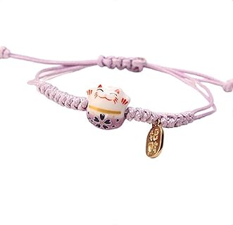 COLORFUL BLING Lucky Cat Bracelet Cute Feng Shui Maneki Neko String Bracelet Adjustable Good Luck String Braided Beads Bell Wrist Chain Bracelet Adjustable Ceramic Bead Birthday Mother Day Gift