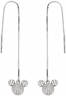 Cute Mouse CZ Threader Tassel Earrings Sterling Silver 925 Dainty Crystal Rhinestone Long Chain Ear Line Dangle Charm Drop Hoop Stud Earring Statement Ear Jewelry Lovely Gifts for Women Girls
