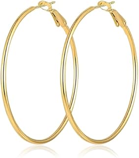 Gold Dangle Hoop Earrings for Women Girl, 14K Real Yellow Gold Plated Stainless Steel Earrings Drop Hypoallergenic Large Hoop Earrings(80mm)