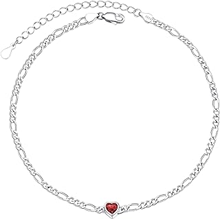 925 Sterling Silver Dainty Heart Anklets for Women, Adorned Birthstone Jan - Dec Available, Inifinity Ankle Bracelet, 8.5"-10.5" Adjustable, Come Gift Box