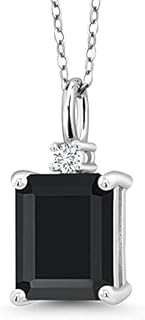 Spring Ring Clasp Black Onyx and Lab Grown Diamond Pendant Necklace for Women with Cable Chain - Sterling Silver, Emerald Design