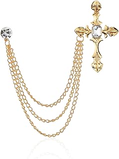Cross Gold Silver Men'S Brooch Suit Pin with Gem Rhinestone Buckle Brooches Chain tassel Lapel Collar Pins Shirt Decoration Metal Tie Clips Brooch Pins Women Coat Pin with Gift