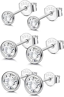 Sllaiss Sterling Silver Cubic Zirconia Bezel Set Stud Earrings Set for Women Round Cut CZ Earrings 3 Pairs Martini Stud Earrings Hypoallergenic