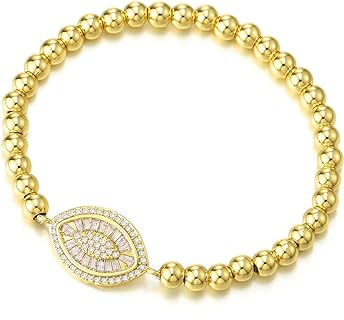 Gold-Colored Evil Eye Bead Bracelet with Cubic Zirconia on Bead Chain for Women - Elegant Brass Design