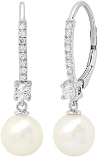 Dazzlingrock Collection 8mm Each Round White Freshwater Pearl & White Diamond Lever Back Drop Dangle Earrings for Women in 14K Gold